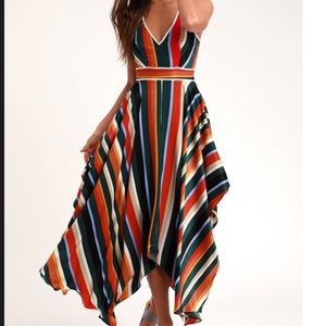 Lulus Uplifting Forest Green Multi Striped Satin Handkerchief Dress